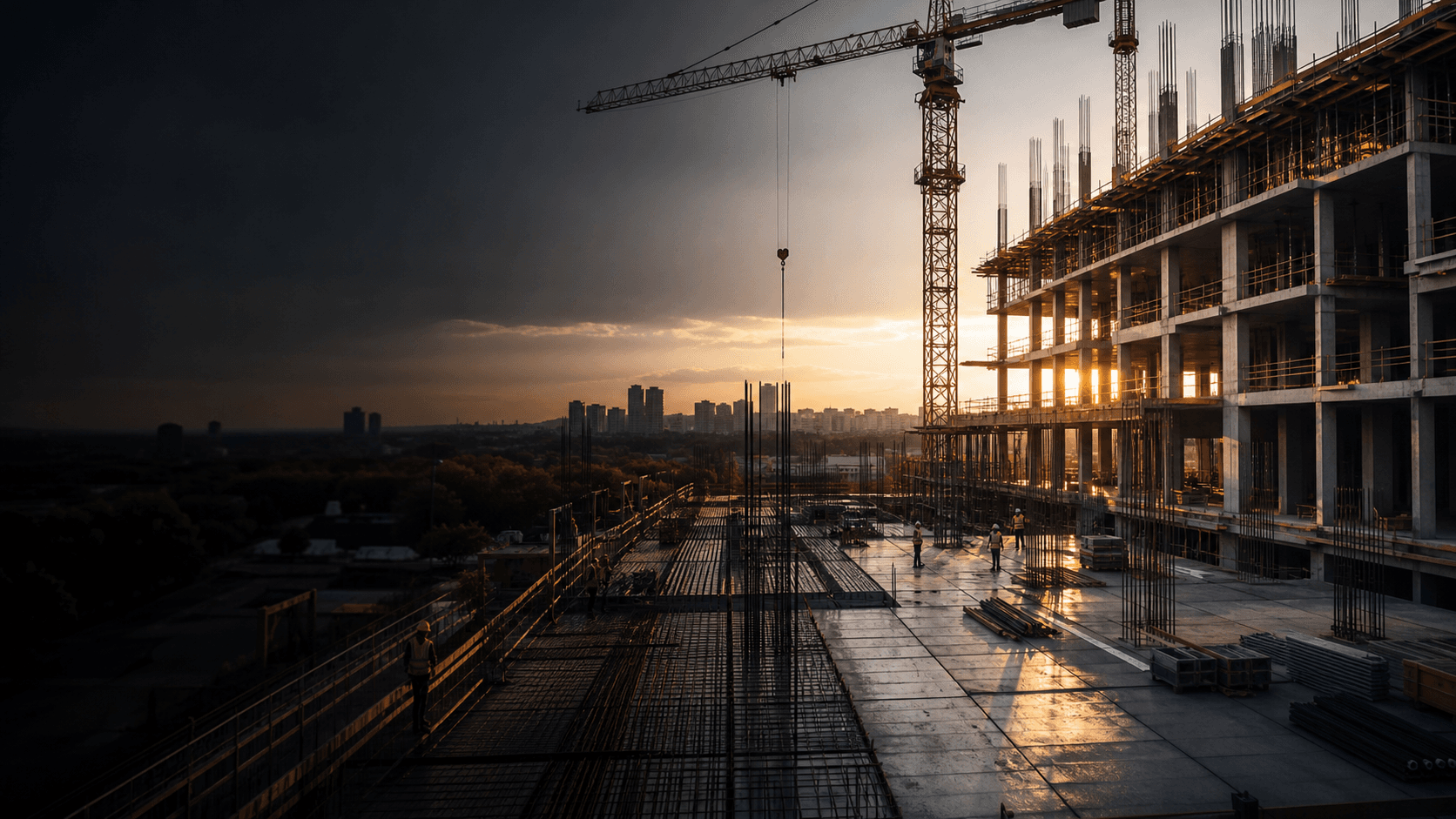Modern inşaat sahasında betonarme yapı ve kule vinç